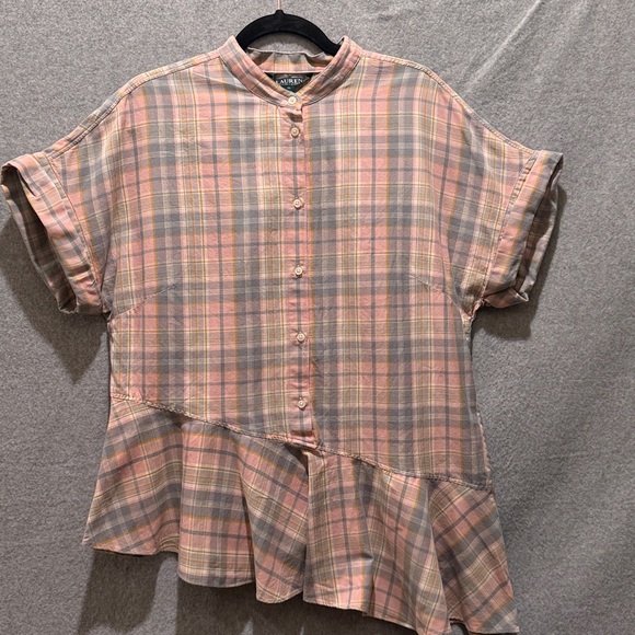 Lauren Ralph Lauren Tops - Lauren Ralph Lauren Woman’s Plaid Blouse Top Buttons Size XL Asymmetrical Bottom